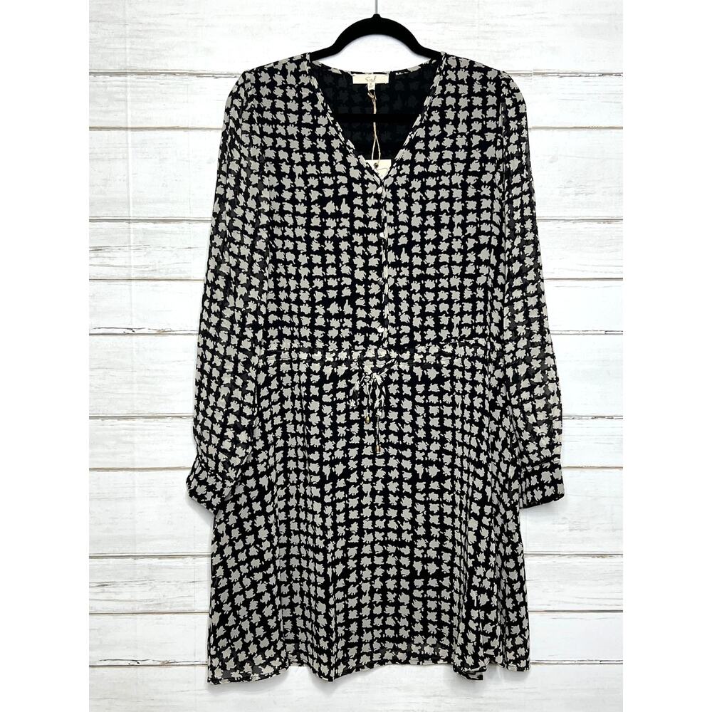 Easel Shirt Dress Small Black Grey Print Long Sleeve Drawstring Tie Waist